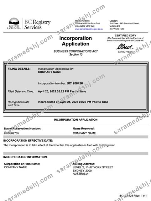 British Columbia incorporation application Word and PDF template